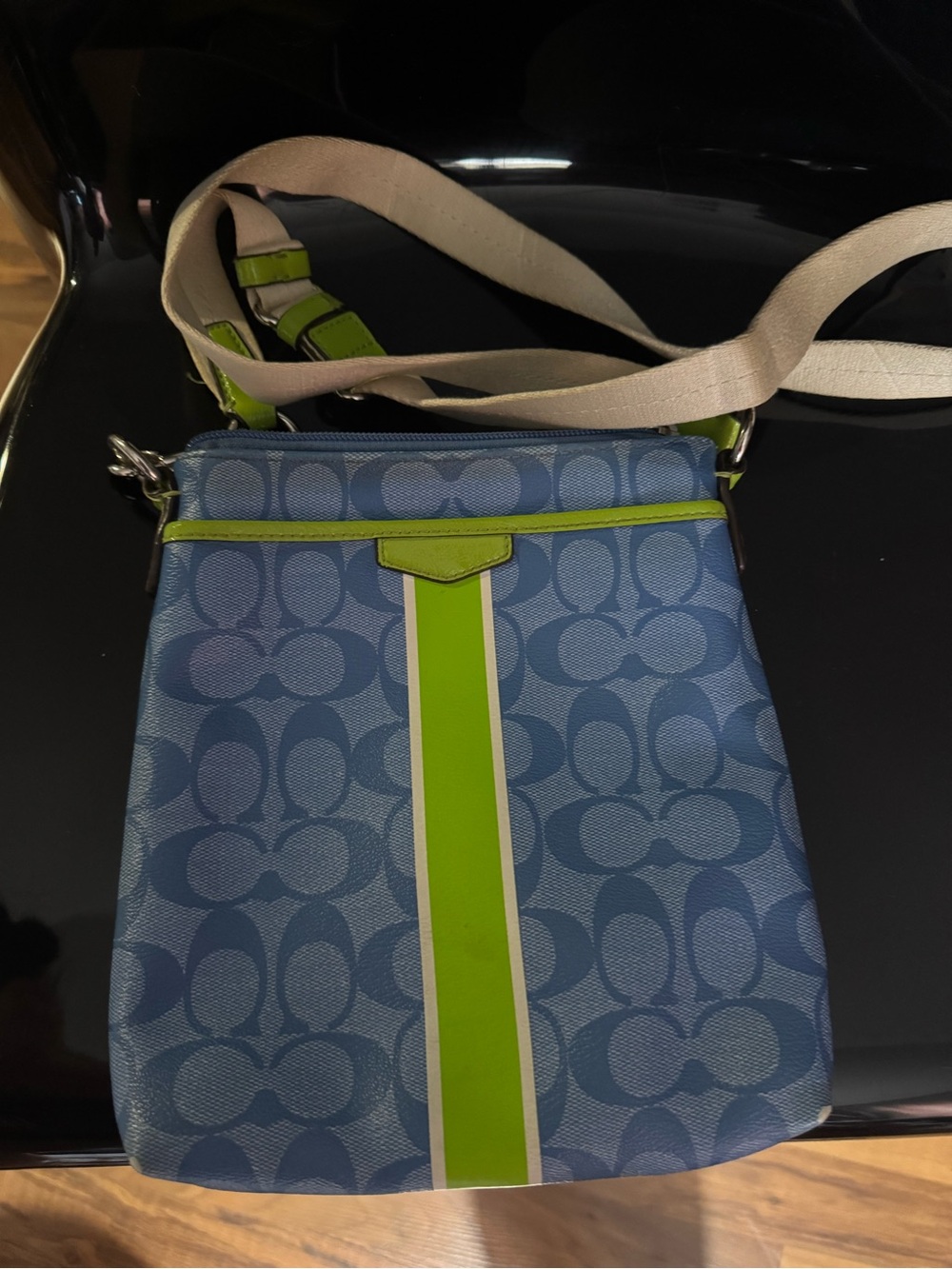 Coach Blue Signature Crossbody with Lime Center Stripe